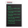 10 Inch LCD Writing Tablet Slate BD2810, a Portable Blackboard with White Frame and Safety Instructions Written in Green and Red on the Screen.