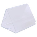 Product A5 Three Sided Acrylic Table Talker DP0305, a Clear Acrylic Display Stand with Three Sides Designed for Showcasing Menus or Signs on Tables.