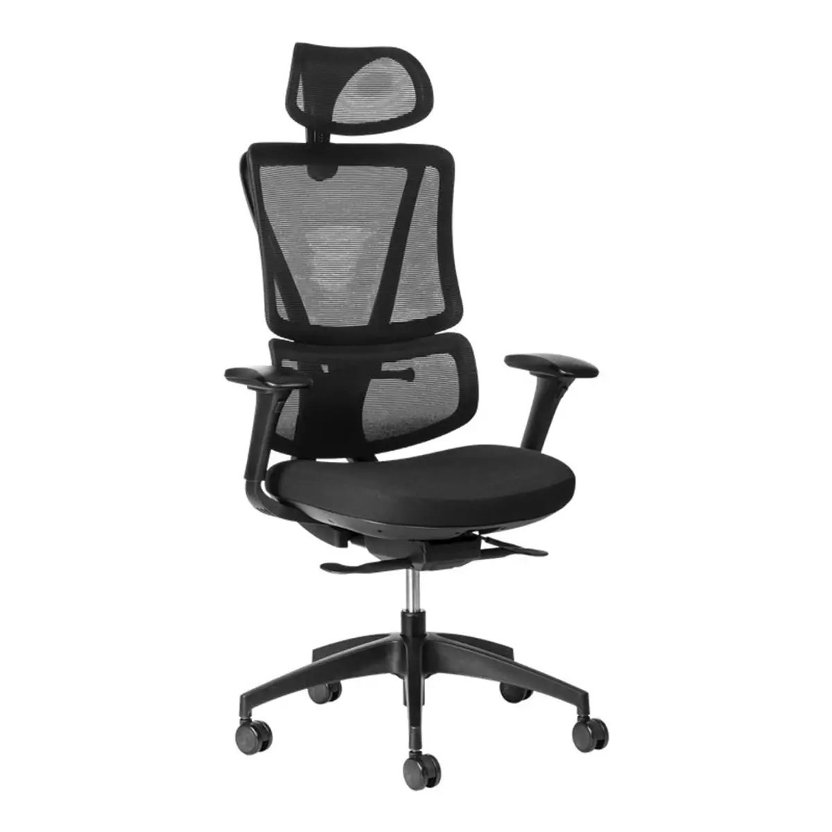Ergoback Mesh High-back Office Chair Kar-HCH-Erg, Ergonomic Office Chair with a Black Mesh Backrest, Adjustable Headrest, Lumbar Support, Cushioned Seat, Armrests, and Five-Star Wheeled Base.