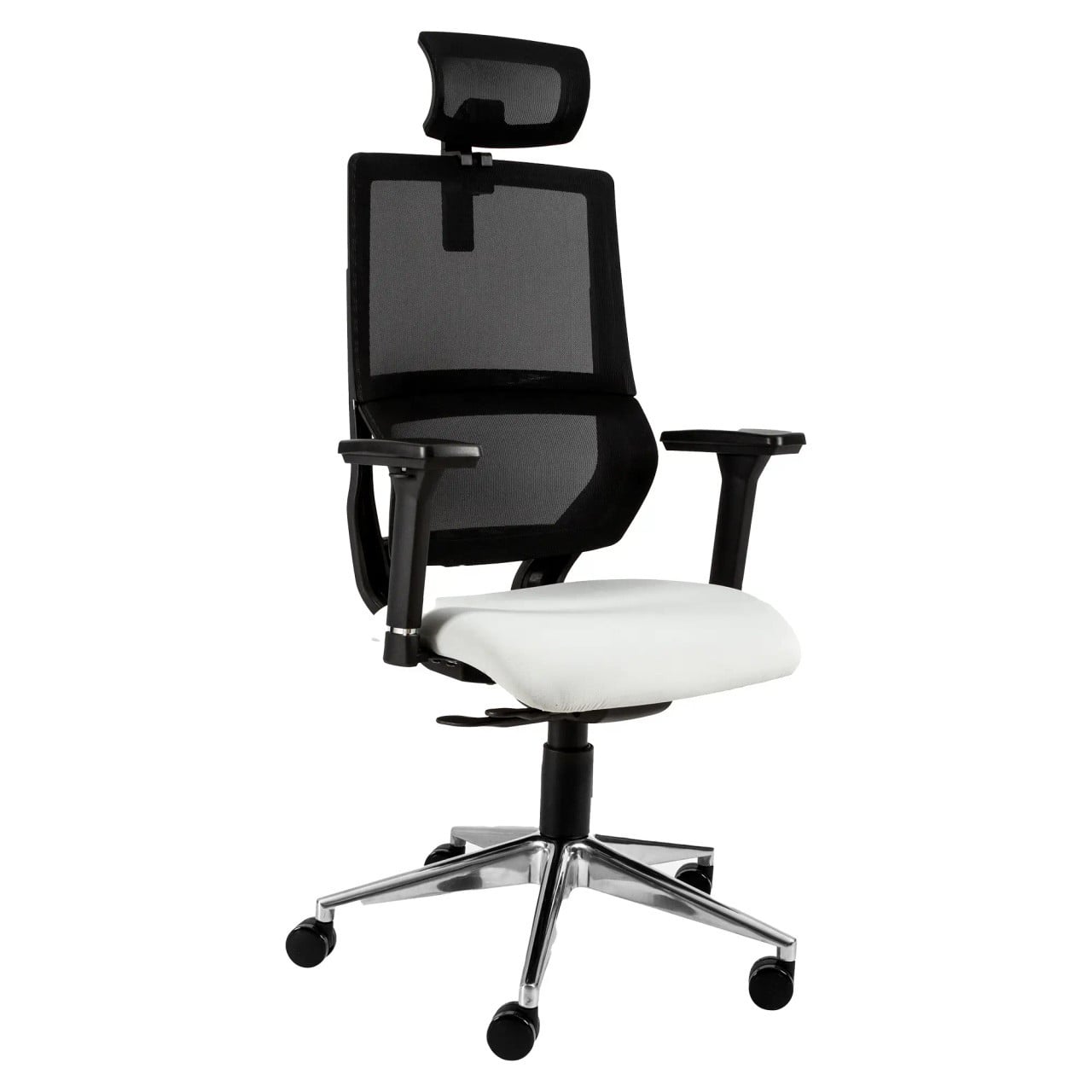 Wave Mesh High-back Office Chair Sac-HCH-Wav, Ergonomic Office Chair with a Black Mesh Backrest, Adjustable Headrest, White Cushioned Seat, and Chrome Base with Caster Wheels.