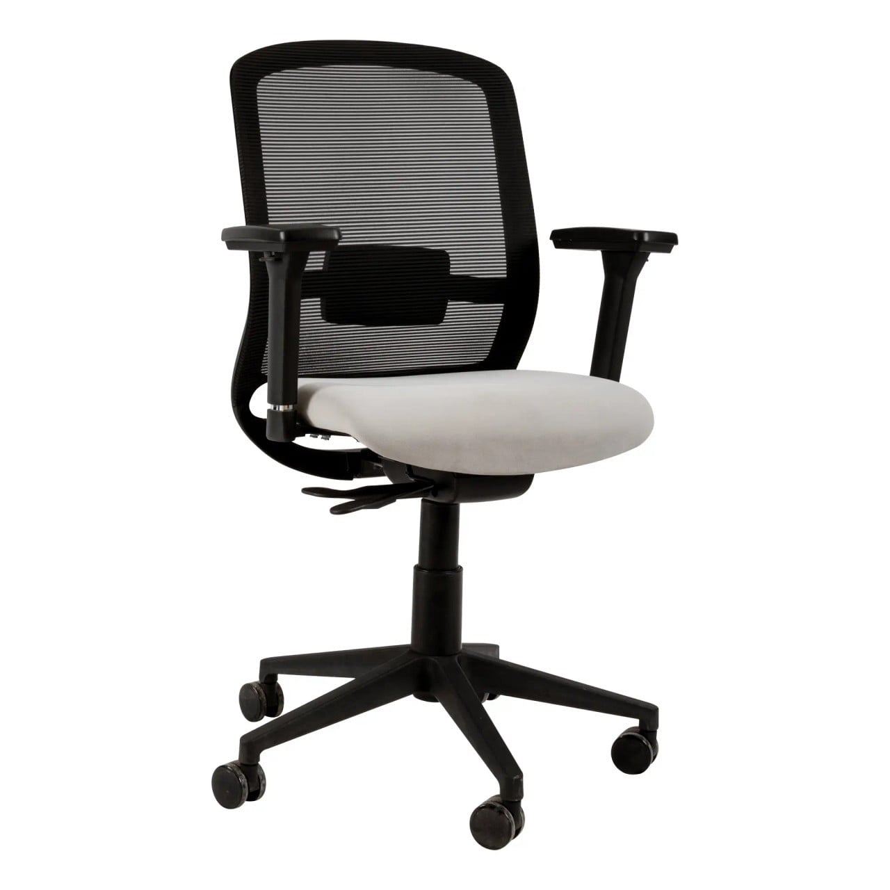 Reef Operators Office Chair Sac-Och-Ree, Ergonomic Office Chair with a Black Mesh Backrest, White Cushioned Seat, Adjustable Armrests, and a Five-Wheel Base for Mobility.