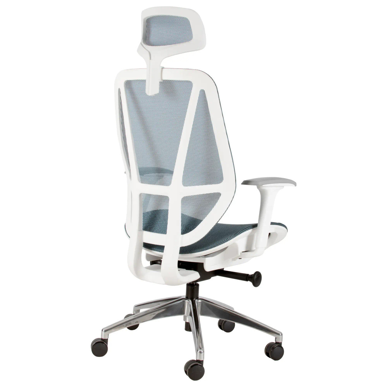Crystal High-back Office Chair, Modern Ergonomic Office Chair with a White Mesh Backrest, Adjustable Headrest, and Chrome Base with Wheels.
