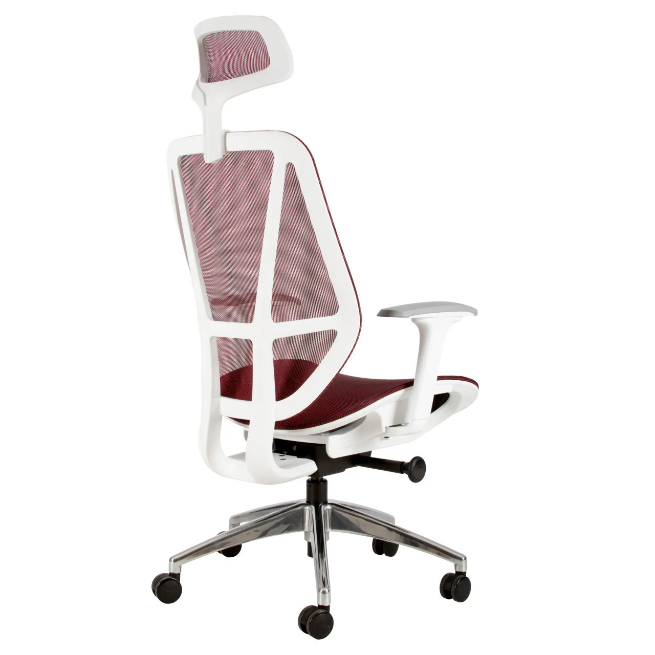 Crystal High-back Office Chair, Ergonomic Modern Mesh Chair with Red Cushioned Seat, Adjustable Armrests, White Frame, and a Headrest Designed for Comfort and Support in the Workspace.