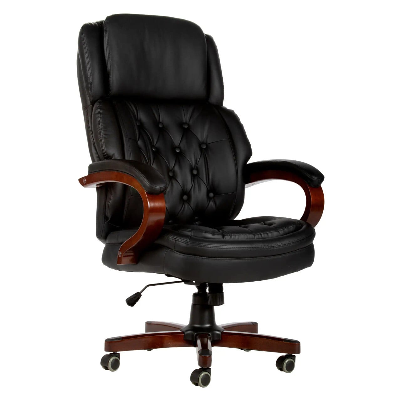 Bentley high-back office chair in bonded black leather, with solid wooden arms and a five-star base. This chair is a heavy-duty chair for 160kg. This is a 45-degree front-view image of the chair.