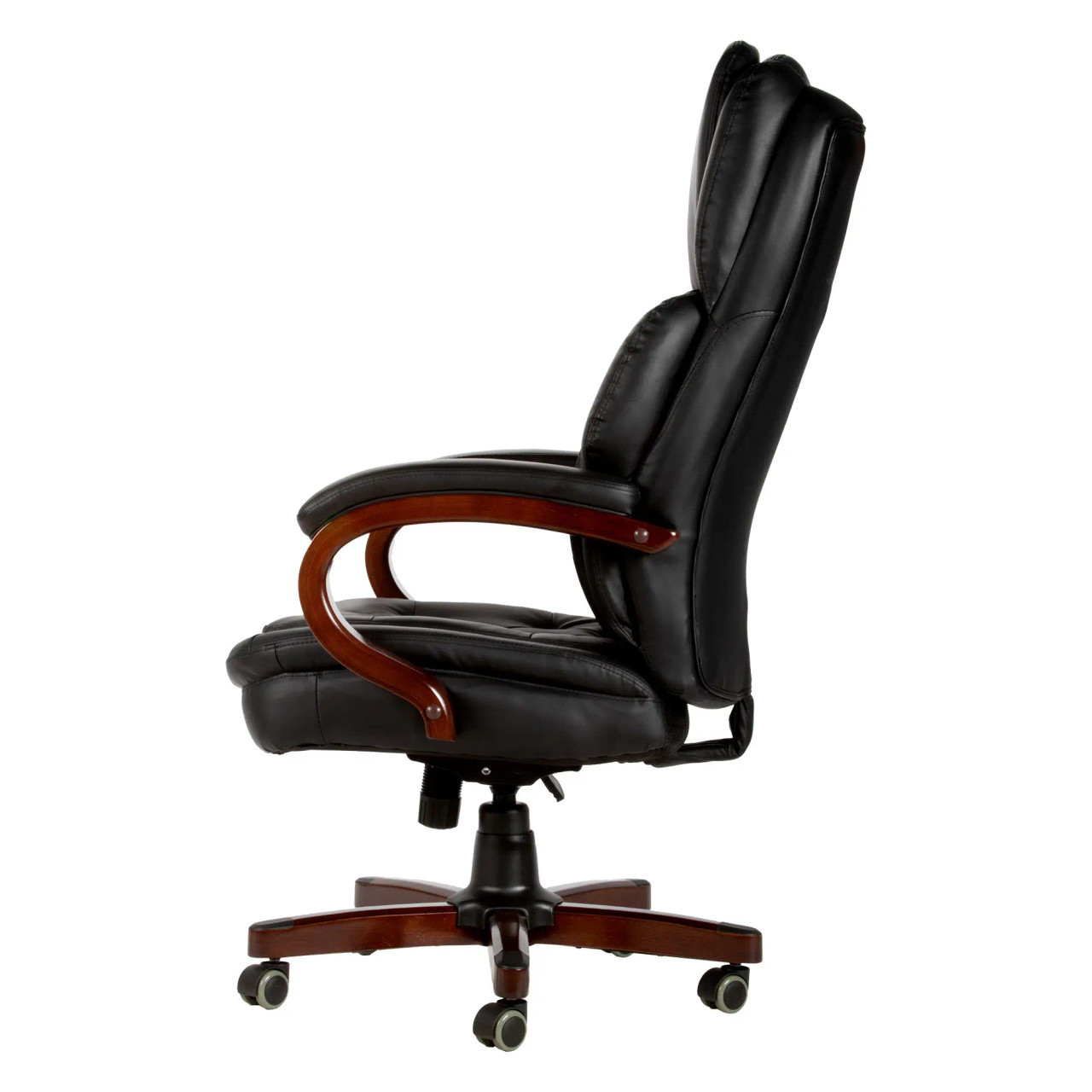 Bentley high-back office chair in bonded black leather, with solid wooden arms and a five-star base. This chair is a heavy-duty chair for 160kg. This is a side-view image of the chair.