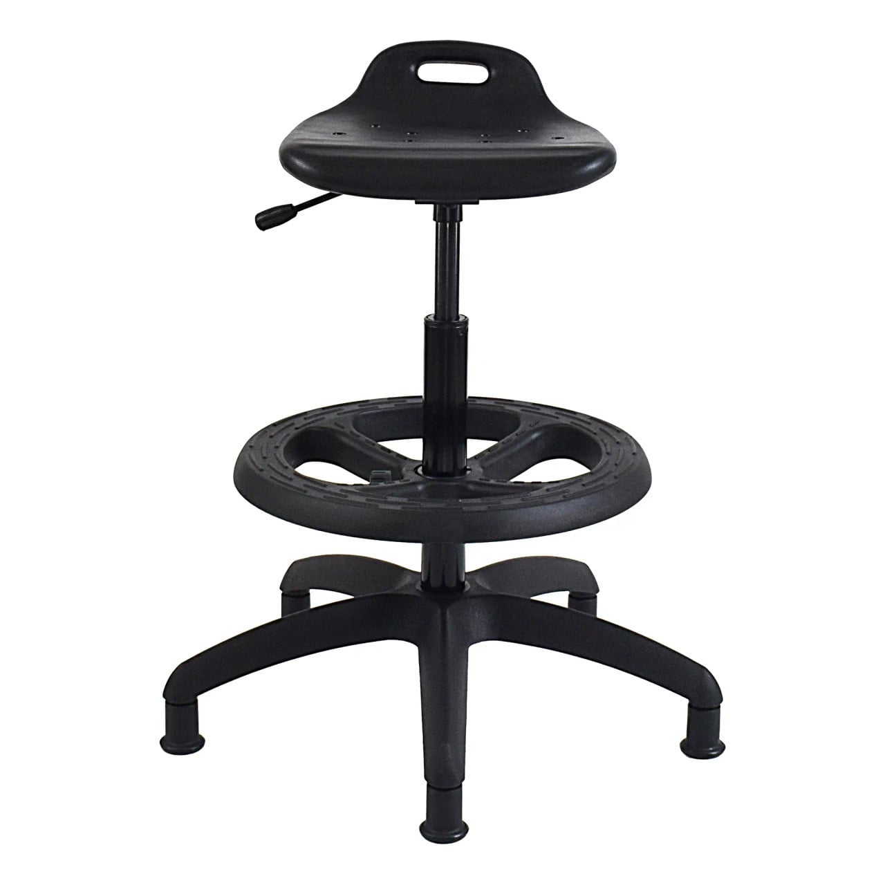 Black 67 Brand PUB9 Draughtsman Chair with Solid PU Seat, Adjustable Height and Four-Legged Base, Featuring a Modern Design Without Arms, on a White Background.