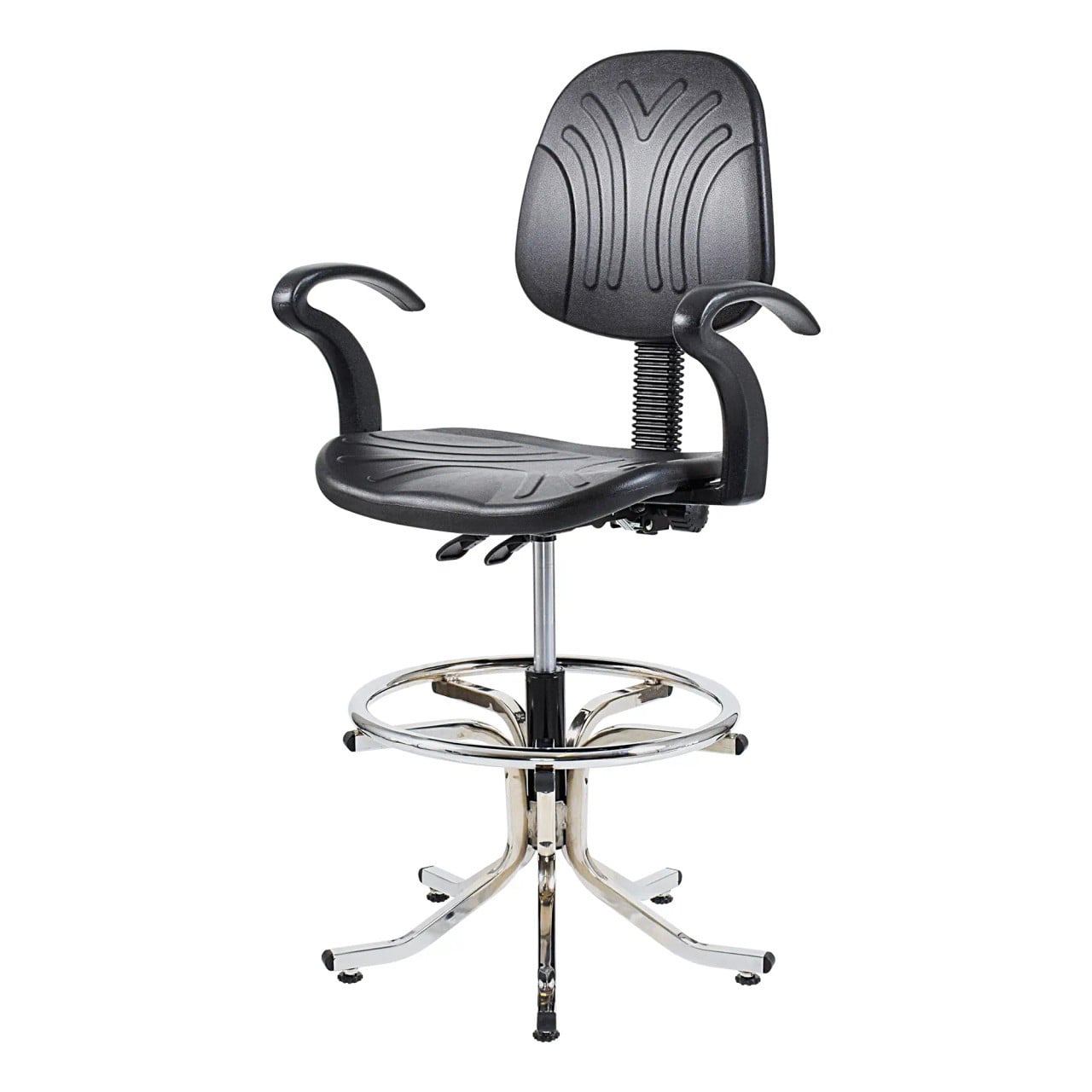 Black WC9Syc Works Industrial Draughtsman Chair with Polyurethane Seat and Back, Adjustable Armrests, and a Silver Metal Base, Featuring a Sleek and Modern Design, Perfect for Workspace Comfort and Style.