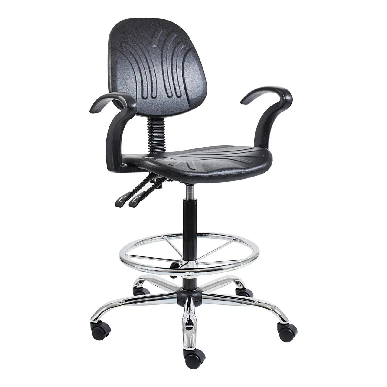 Black Adjustable Height Chair with Polyurethane Seat and Back, Featuring a Sleek Design and Chrome Base with Five Wheels, from Brand 67, Showcasing a Sturdy and Modern Office Chair with Armrests, Ideal for Comfort and Durability.