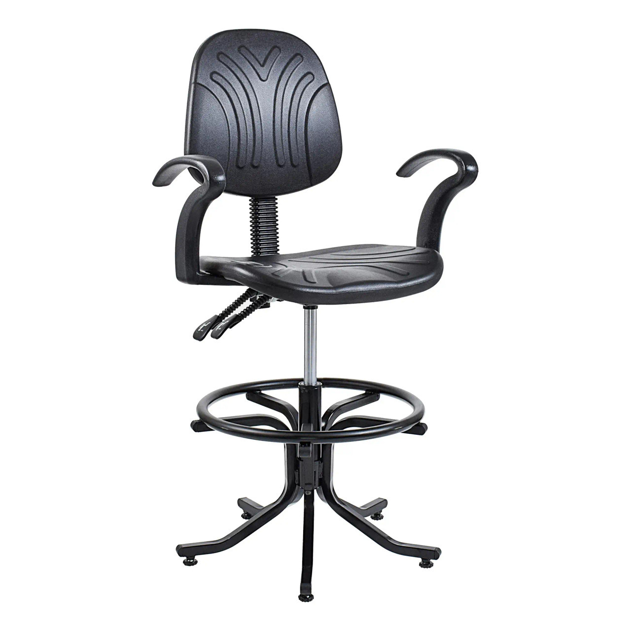 Black Modern Workspace Chair with Polyurethane Seat and Back, Adjustable Height and Armrests, on a Five-Legged Base with Casters, from Brand 67, Model WC9Syc Works Industrial Draughtsman Chair.