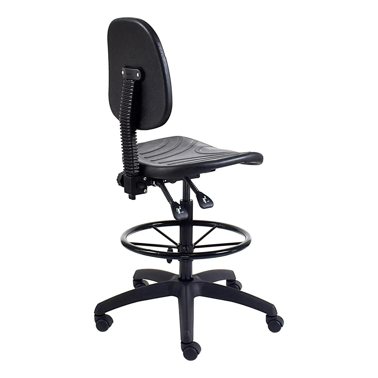 WC9Syc Works Industrial Draughtsman Black Office Chair with Polyurethane Seat and Back on a Five-Legged Base with Wheels, Featuring a Sleek and Durable Design, by Office Stock South Africa, Presented in a Solid Black Colour.