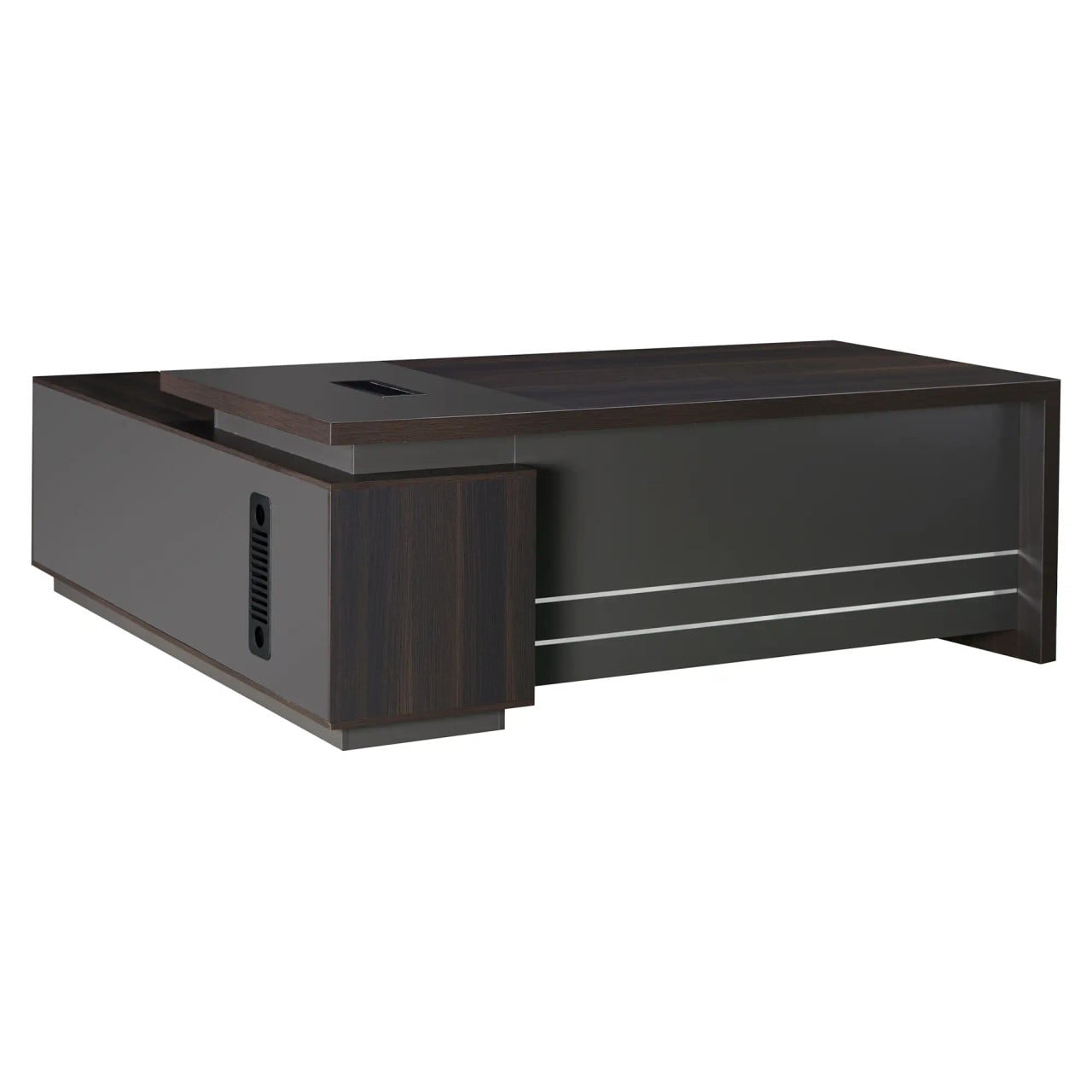 2000 mm Dark Oak Executive Desk with Matching Fixed Credenza, Modern Dark Oak Wood Desk with Sleek Design and Matching Credenza Featuring a Minimalist Style and Ample Workspace.