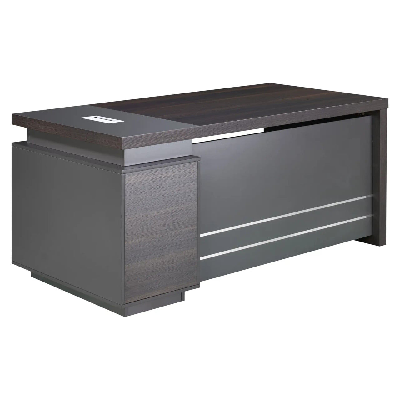 1600 mm Straight Desk with Fixed Pedestal, Modern Office Desk with Grey and Dark Wood Finish and Sleek Design.