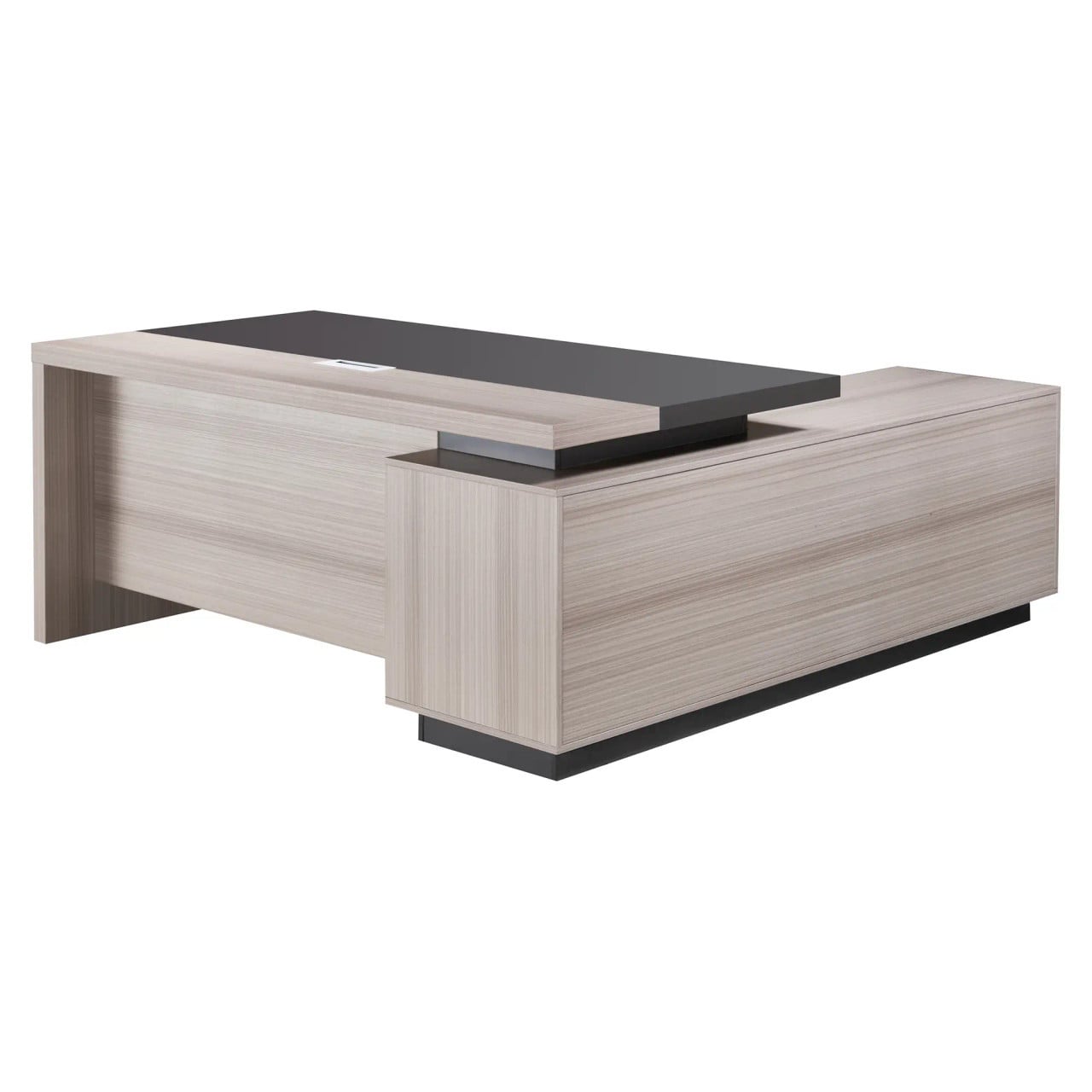 1800 mm Light Oak Executive Desk with Matching Fixed Credenza, Modern Office Furniture with a Sleek Design and a Black Top Surface for Professional Workspace Setup.