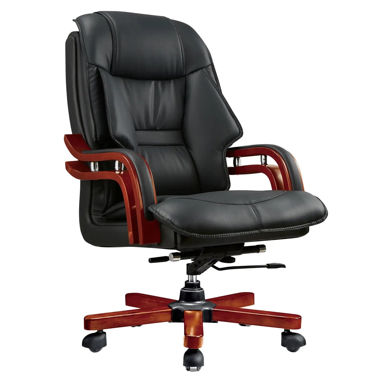 Black Leather Office Chair with Mahogany Wooden Frame and Adjustable Height Feature, Showcasing High-back Design and Sturdy Base, Ideal as an Adjustable Height Chair with Premium Look, Offered by Office Stock South Africa Under Brand 67.