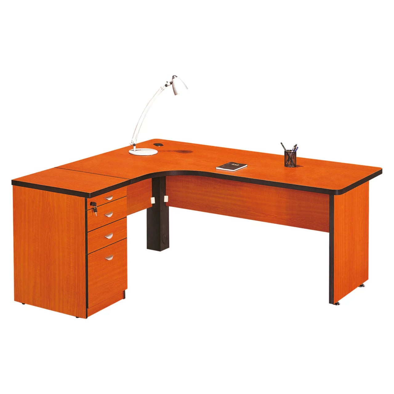 Cluster Desk with Pedestal FOF-CDP-JA001A, Wooden Office Desk with Pedestal Drawers, Attached Light and Organizational Accessories.