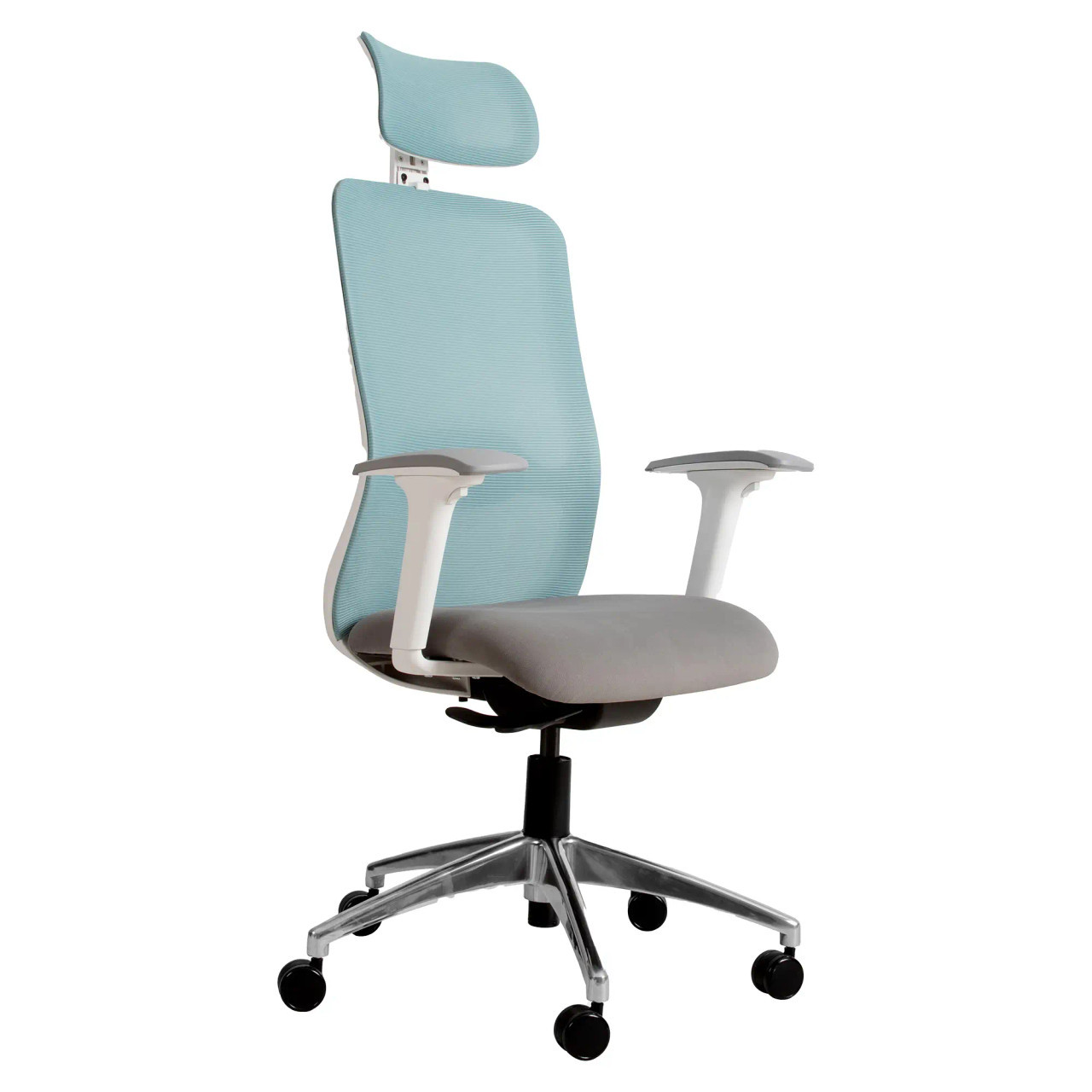 Tide Mesh High-back Office Chair Sac-HCH-Tid-Wh, Ergonomic Office Chair with High Mesh Backrest, Adjustable Headrest, and Cushioned Seat in Light Grey and Blue Colours, on Wheeled Base for Office Use.