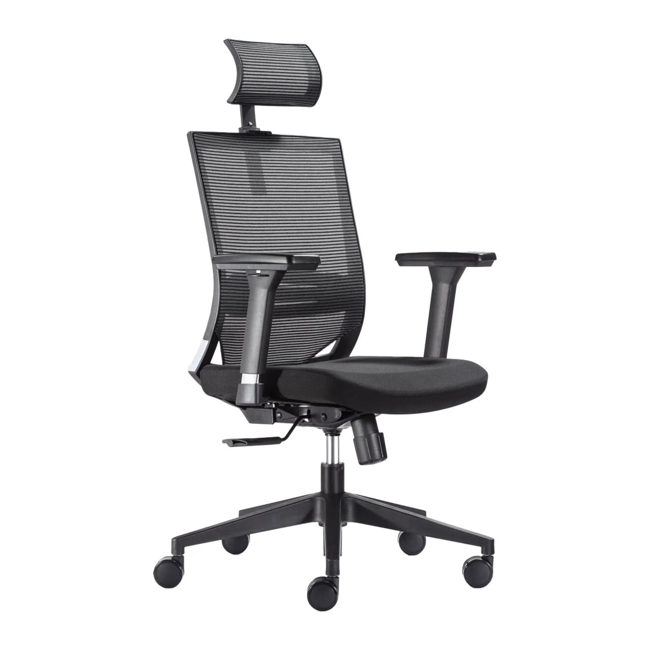 Galaxy G7 Mesh High-back Office Chair by 67, Featuring a Sleek Black Mesh Design, Adjustable Headrest, and Lumbar Support Chair with Ergonomic Seat and Armrests, on a Sturdy Five-Star Base with Casters.