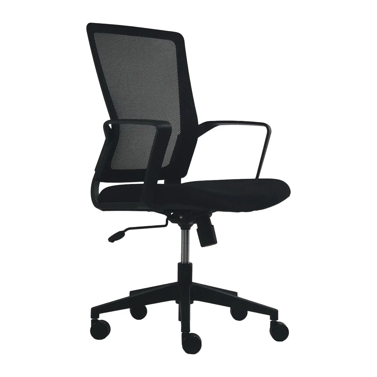 Galaxy G8 Mesh Medium-Back Office Chair. Black mesh back frame. Black fabric seat with moulded foam. PP Loop arms. Swivel and tilt mechanism. Nylon base.