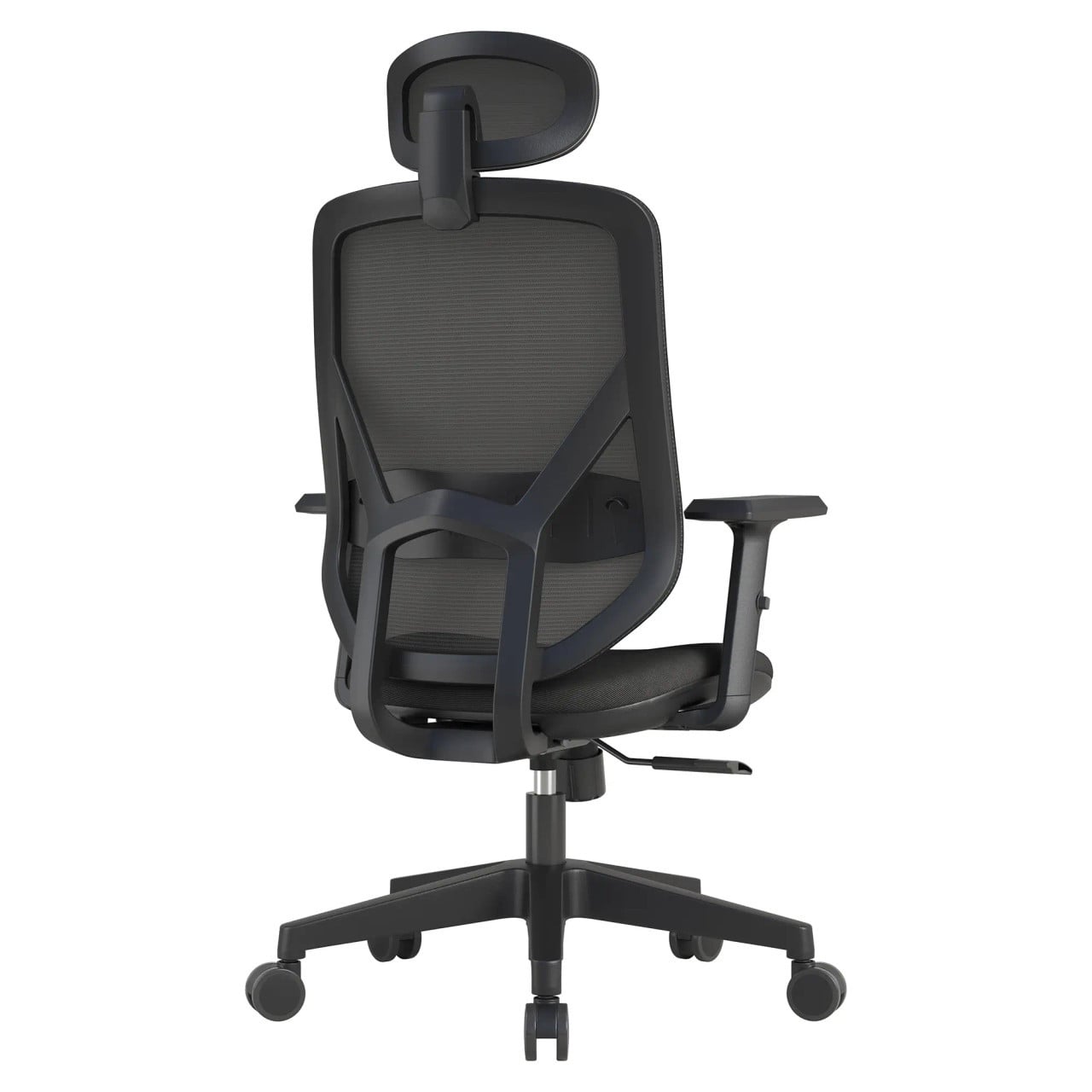 Black Swivel Chair, Pluto Mesh High-back Office Chair by 67, Featuring a Sleek Mesh Design, Adjustable Headrest, and Ergonomic Build with Five-Star Base and Wheels, Promoting Comfort and Breathability.