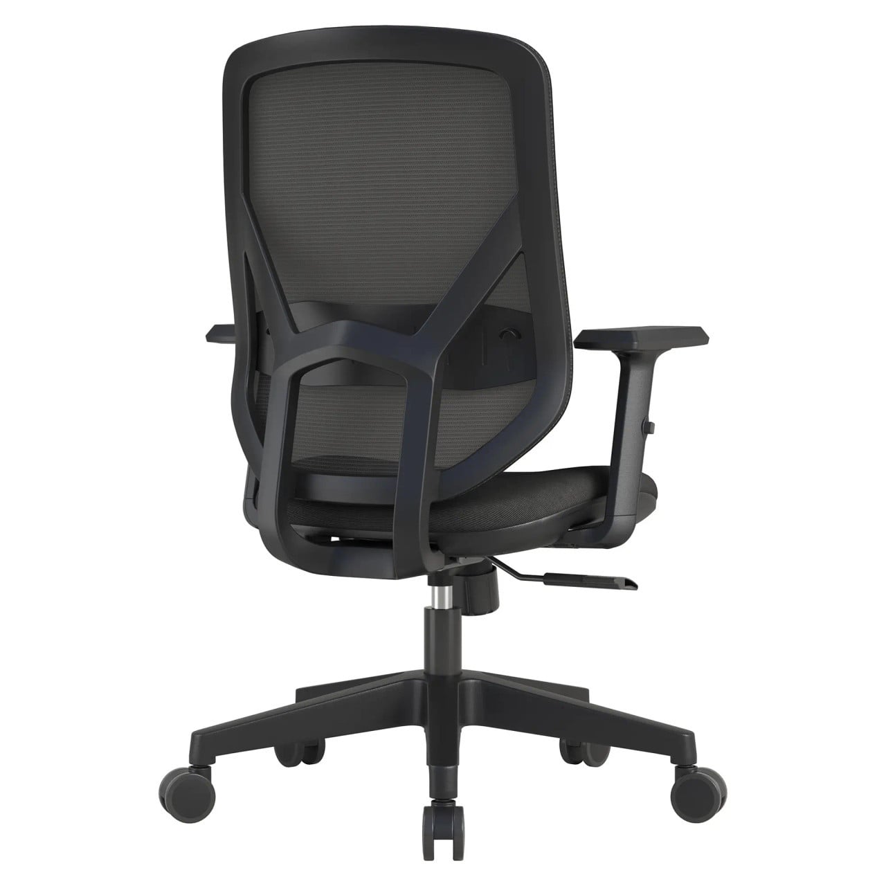 Black Pluto Mesh Medium-back Office Chair by 67, Featuring a Sleek Mesh Design, Adjustable Tilt Mechanism, and Ergonomic Armrests, on a Five-Star Base with Castors, Showcasing Comfort and Functionality in a Modern Workspace Setting.