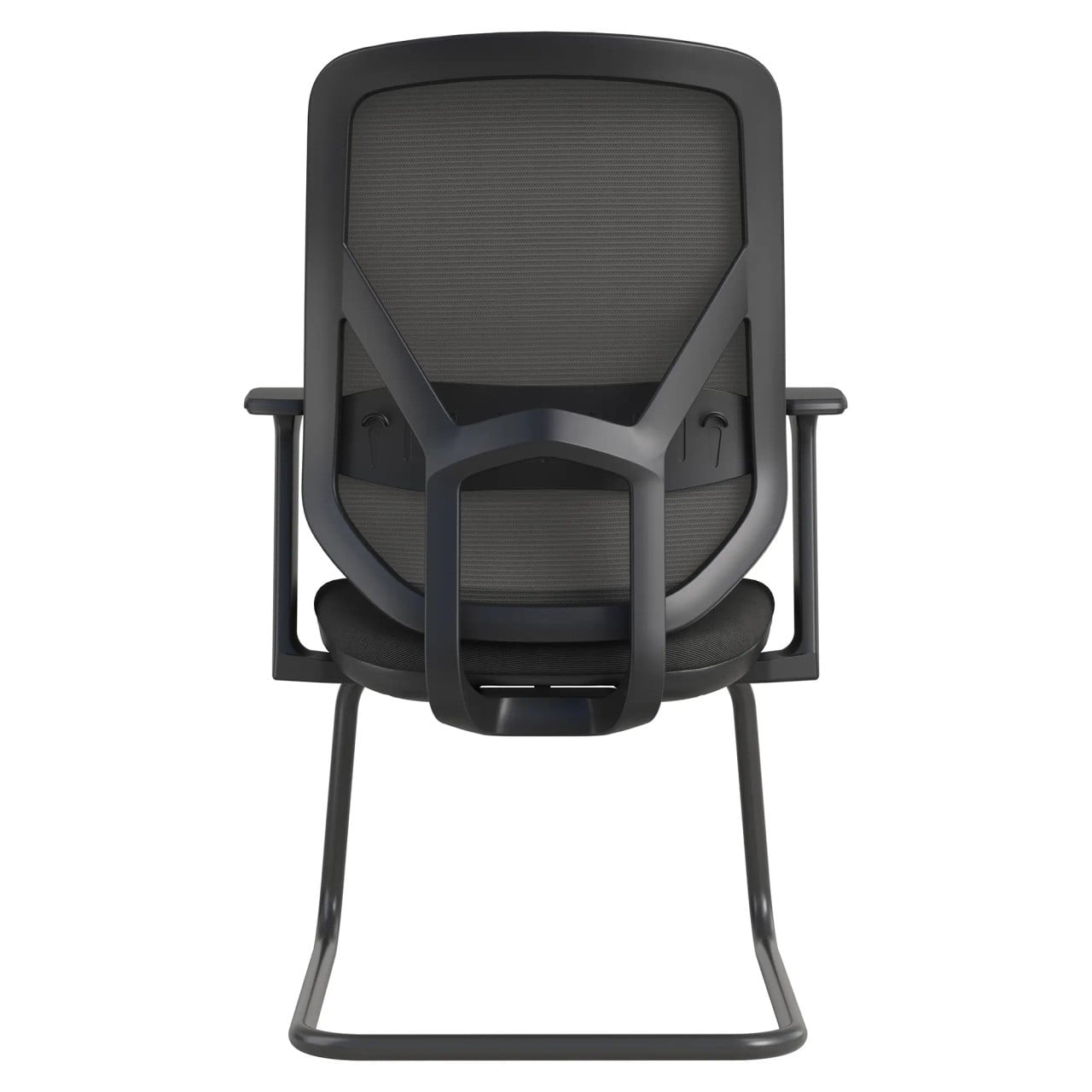 Black Office Chair with Mesh Back and Fixed Nylon T Arms, Featuring a Sleek and Modern Design, from the Brand 67, Specifically the Pluto Mesh Visitor Office Chair Model with a Sturdy Frame and Comfortable Seating.