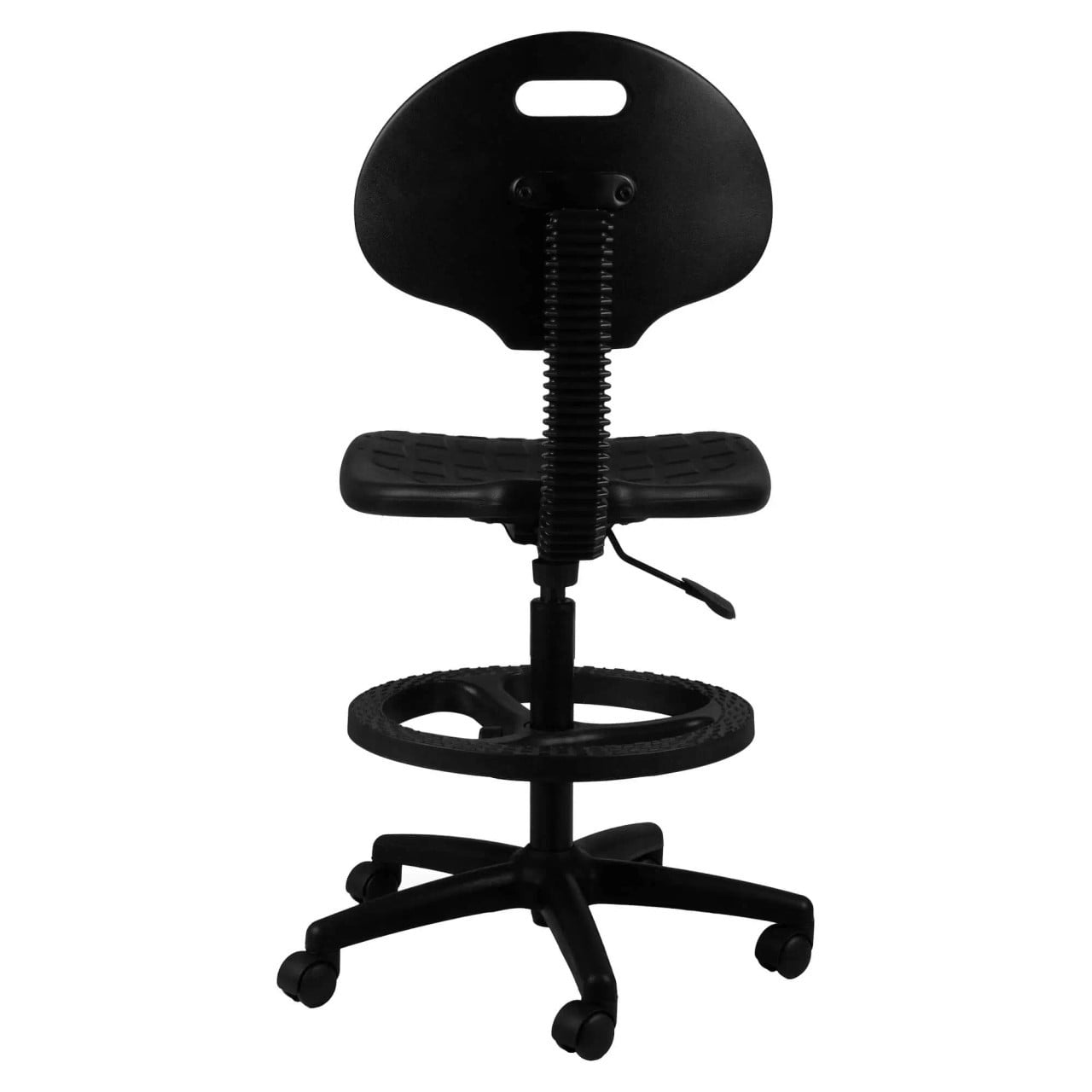 Black Q20 Econo Draughtsman Chair by 67, Featuring Industrial-Grade PU Seat and Back, on a Five-Legged Base with Wheels, Showcasing Durable Office Seating with Ergonomic Support and Adjustable Height, in a Sleek and Sturdy Design.