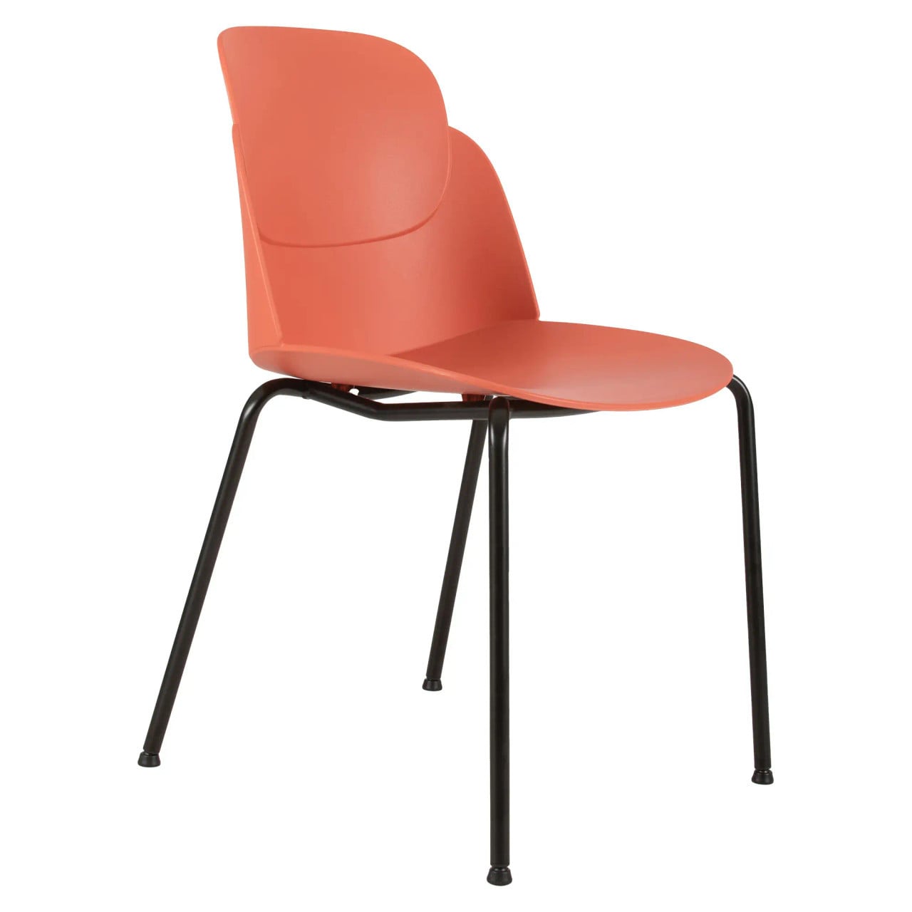 Aspen 4 Legged Restaurant Chair, Coral Pink Modern Dining Chair with a Contoured Plastic Seat and Backrest with Black Metal Legs.