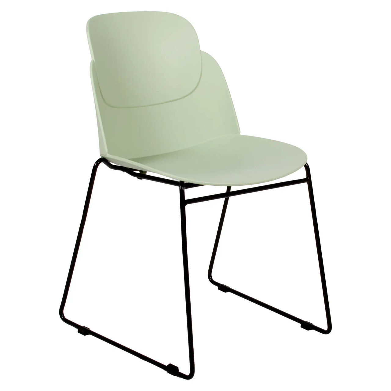Aspen Sleigh Base Restaurant Chair, Modern Chair with a Light Green Cushioned Seat and Backrest, Supported by a Black Metal Sleigh-Style Base.