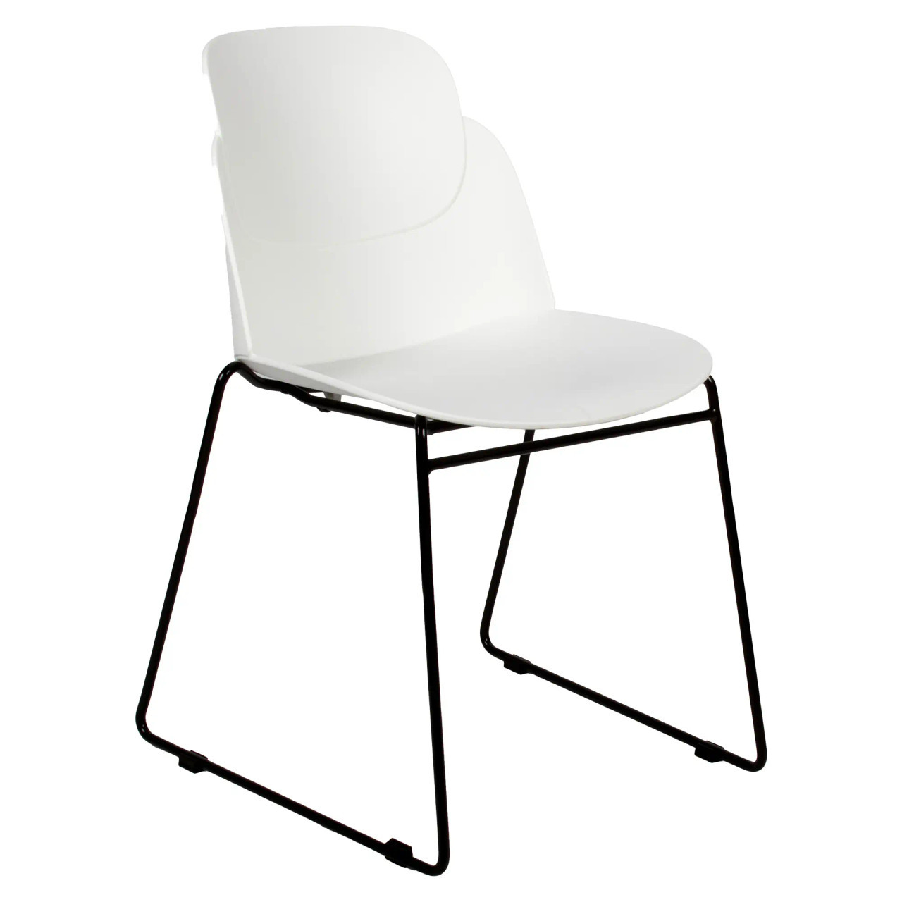 Aspen Sleigh Base Restaurant Chair, with a White Moulded Plastic Seat and Backrest, Black Metal Sled-Style Legs Designed for Commercial Dining Settings.
