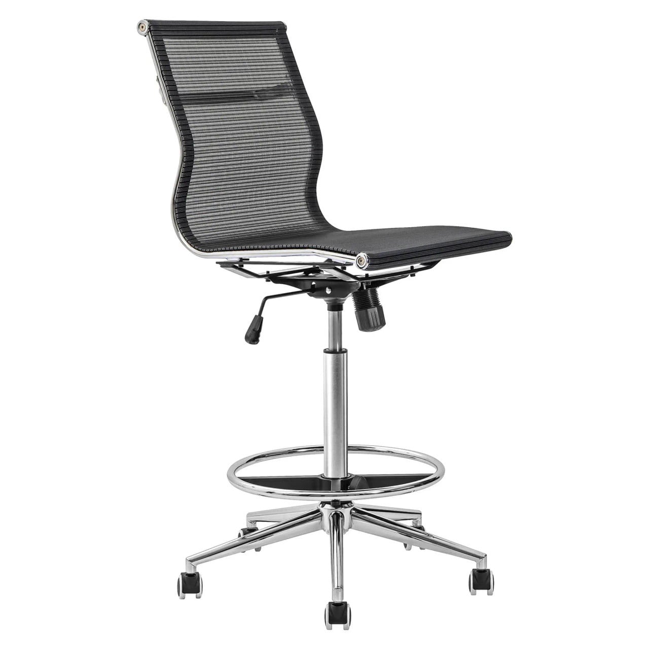 Netted Draughtsman Chair, Ergonomic Office Chair with a Black Mesh Backrest and Cushioned Seat, Adjustable Height, and a Chrome Five-Star Base with Caster Wheels.