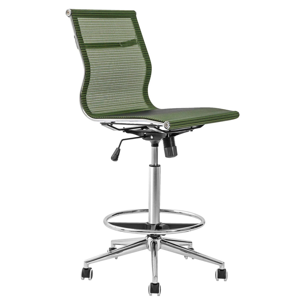 Netted Draughtsman Chair | JOC-DCH-CH5704, Green and Black Mesh Ergonomic Office Chair with Adjustable Height and Swivel Base on Caster Wheels.