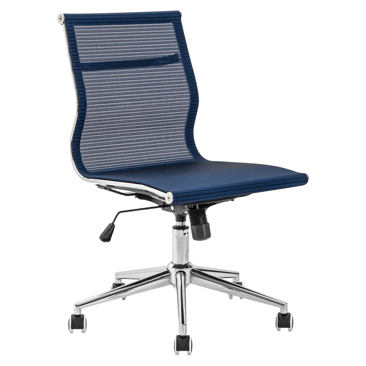 Netted Operators Chair, Ergonomic Office Chair with a Blue Netted Backrest and Seat, Adjustable Height Mechanism, and Chrome Base with Caster Wheels.