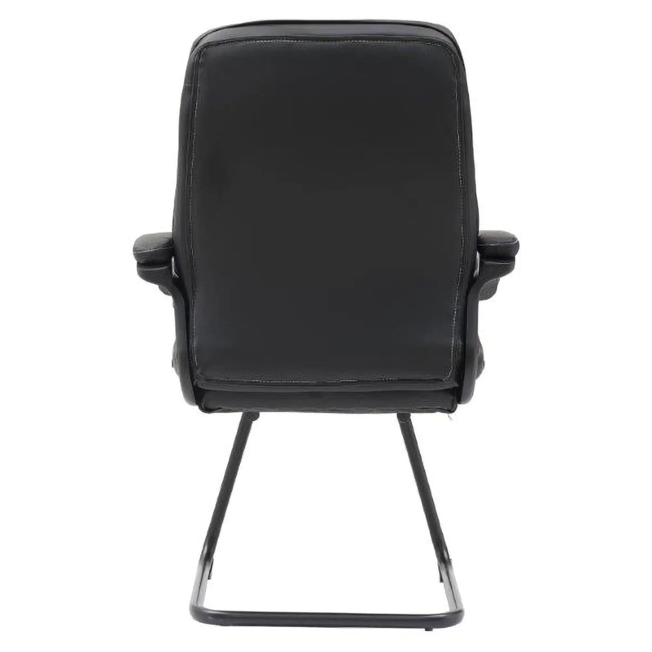 Black Visitor Office Chair with Sleek Pleather Upholstery, White Stitching, and Padded Nylon Arms on a Metal Frame, Viewed from the Back, Offering a Modern Aesthetic for Office Environments, Ideal as a Stud Visitor Office Chair.