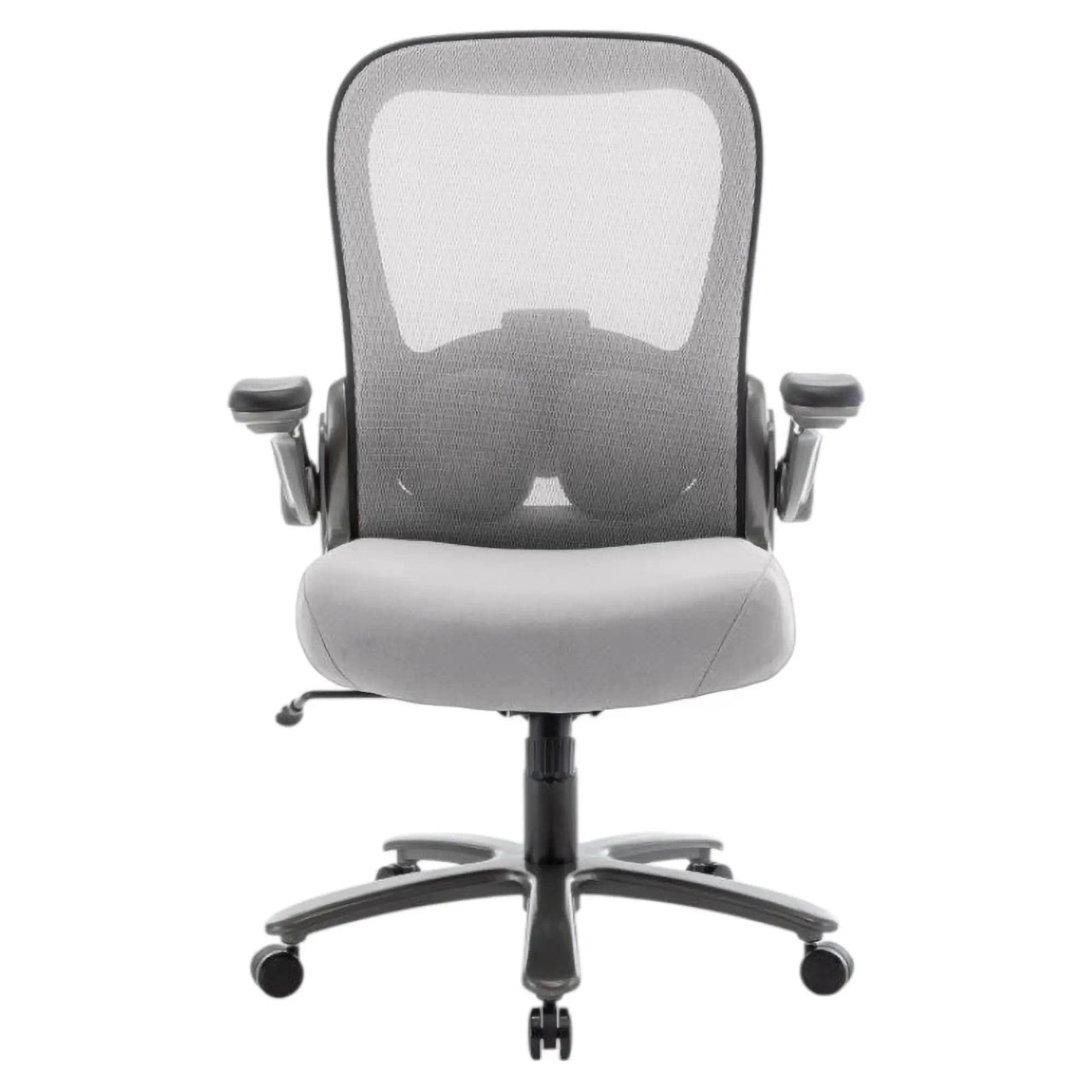 Grey Ergonomic Office Chair with Mesh Back, Sturdy Black Base, and Armrests, Featuring a High-back Design, from Brand 67, Showcasing a Comfortable and Supportive Seating Solution for Big and Tall Users.