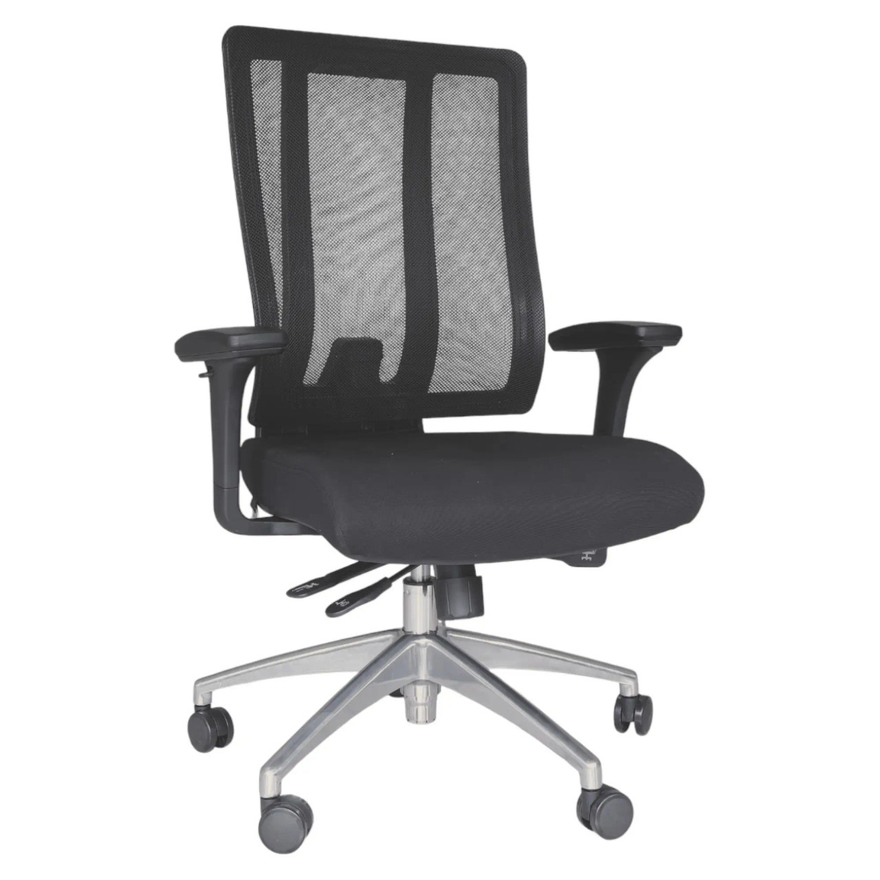 Jankz Human Ergo Medium-back Office Chair, Black Mesh Ergonomic Office Chair with Adjustable Armrests and a Cushioned Seat on a Silver Five-Star Wheeled Base.