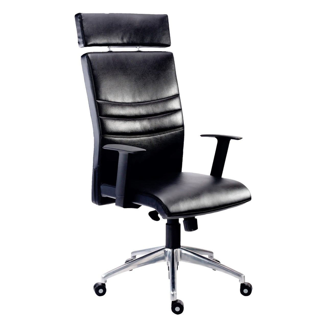Black Leather Acta High-back Office Chair by 67, Featuring a Sturdy 5-star Nylon Base Office Chair with Castors, Adjustable Headrest and Armrests, on a Sleek Silver Metal Frame with Black Wheels.