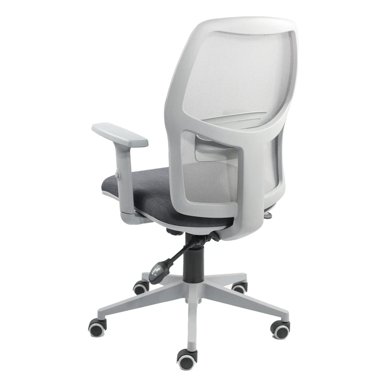 Grey Medium-back Chair by Office Stock South Africa, Airo Model, Featuring a Grey Frame, Black Seat, and Adjustable Armrest on a Five-Star Base with Wheels, Providing Ergonomic Support and Comfort.