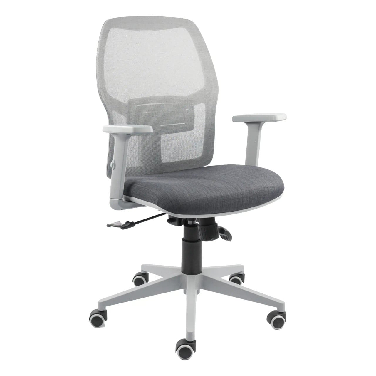 Grey Airo Medium-back Office Chair by Office Stock South Africa, Featuring Mesh Back, Adjustable Armrests, and Gas Height Adjustment, on a Five-Star Base with Wheels, Showcasing Its Ergonomic Design and Grey Upholstery.