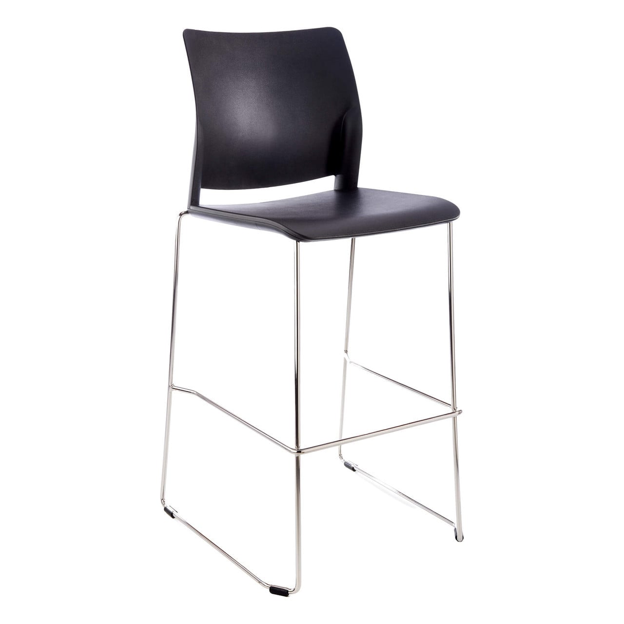 Alfa Polymer Bar Stool, Black Padded Seat and Backrest with Metal Frame and Footrest.