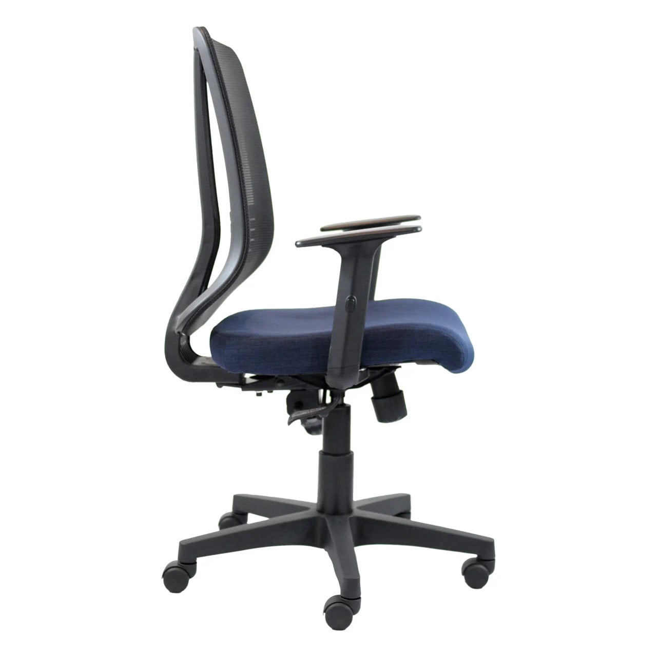 Avant Medium-back Office Chair, Ergonomic Office Chair with a Breathable Mesh Backrest and a Cushioned Blue Seat, Equipped with Adjustable Armrests and a Sturdy Five-Star Wheeled Base.