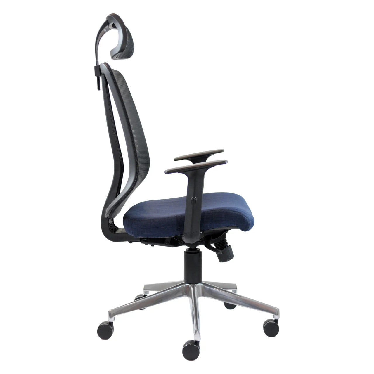 Avant High-back Chair, Ergonomic Office Chair with a High Backrest, Adjustable Armrests, and a Fabric Seat Cushion, on a Wheeled Chrome Base.