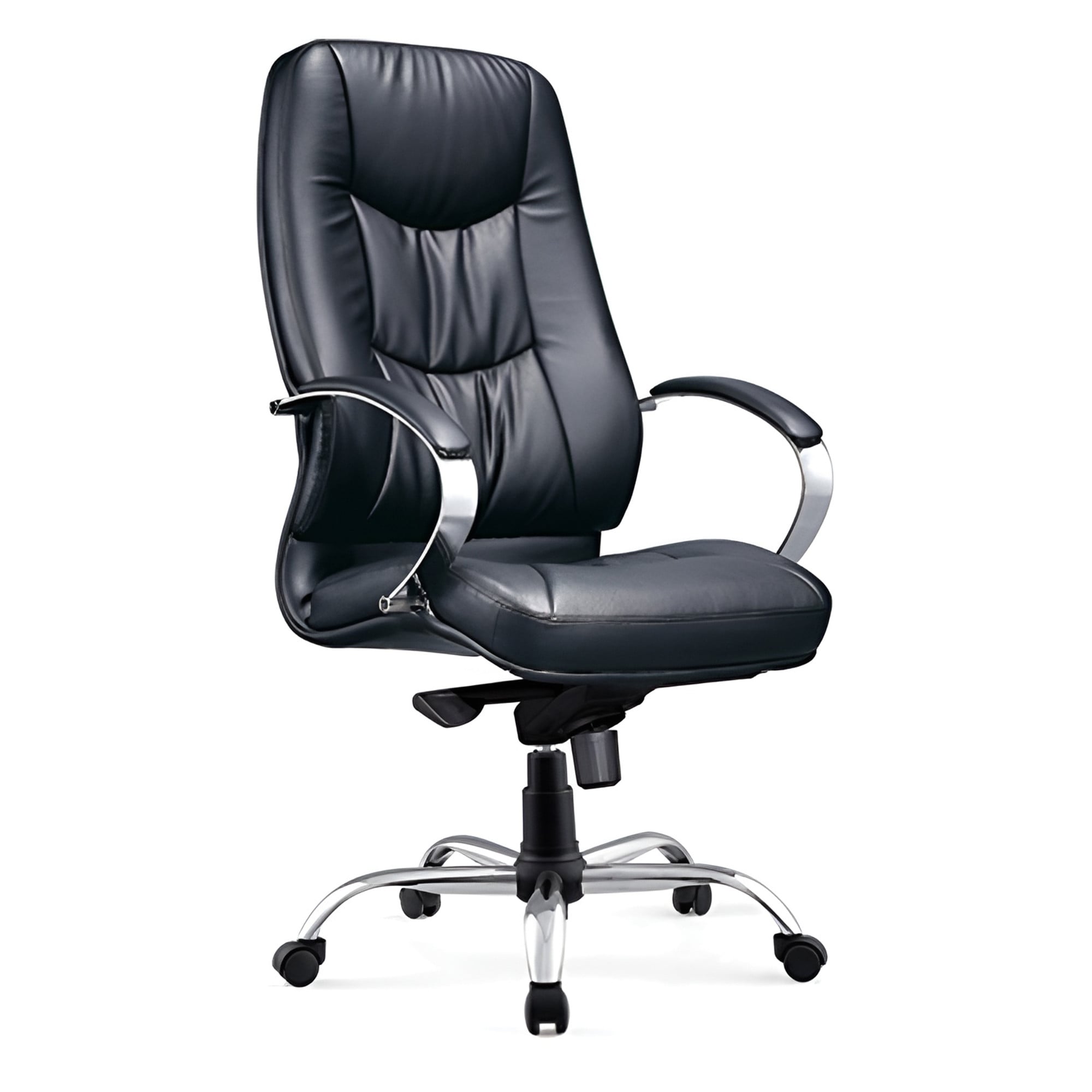 Black Leather Lumbar Support Chair, DB090 Model by Office Stock, Featuring a High-back, Chrome Base, and Armrests, Designed for Comfort and Durability in Home or Corporate Offices, Made with Premium Leather and Sturdy 5-wheel Base.