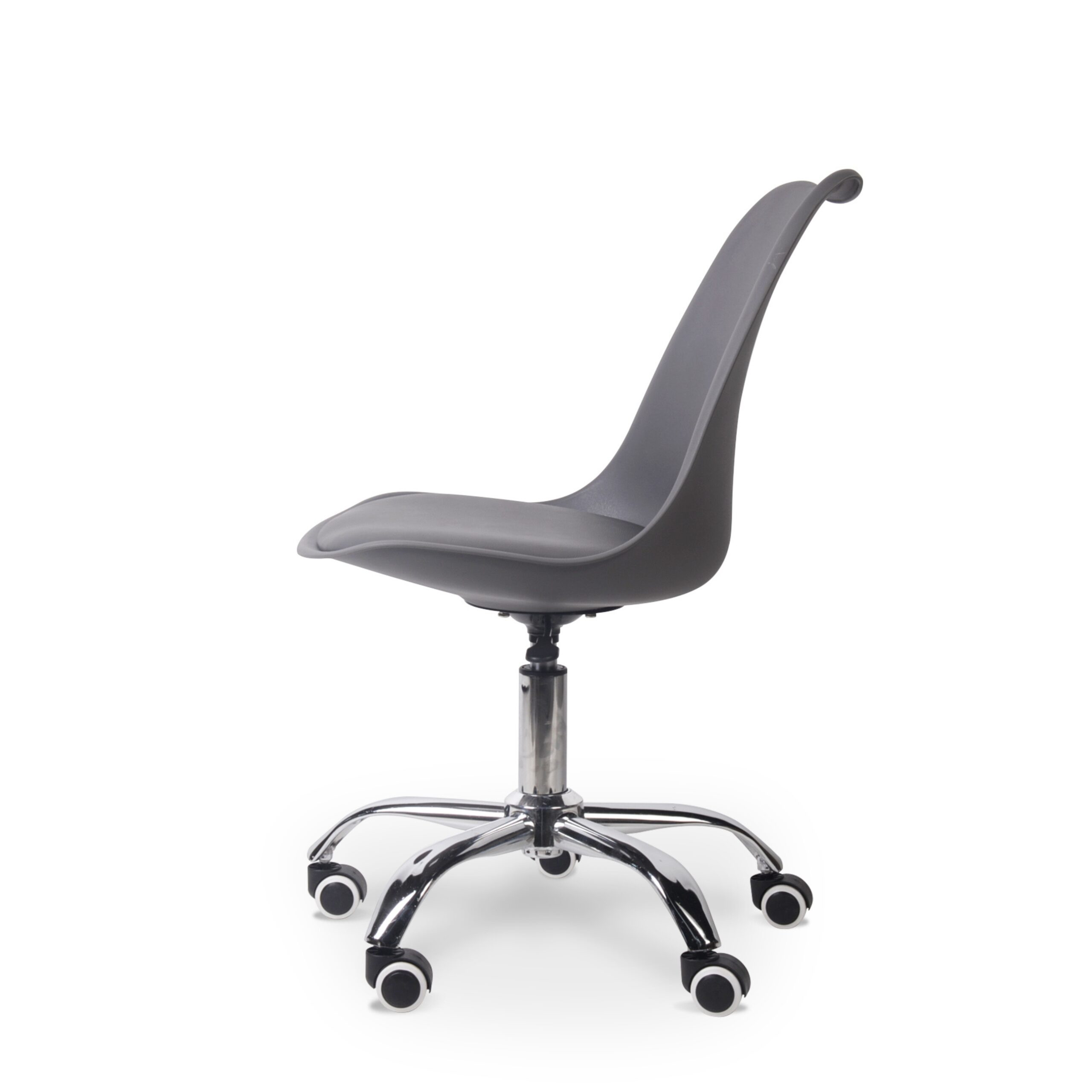 Grey adjustable office chair with 5-star nylon base and wheels, featuring a curved back and seat, presented on a white background, showcasing its ergonomic design and modern style, ideal for comfort and productivity.