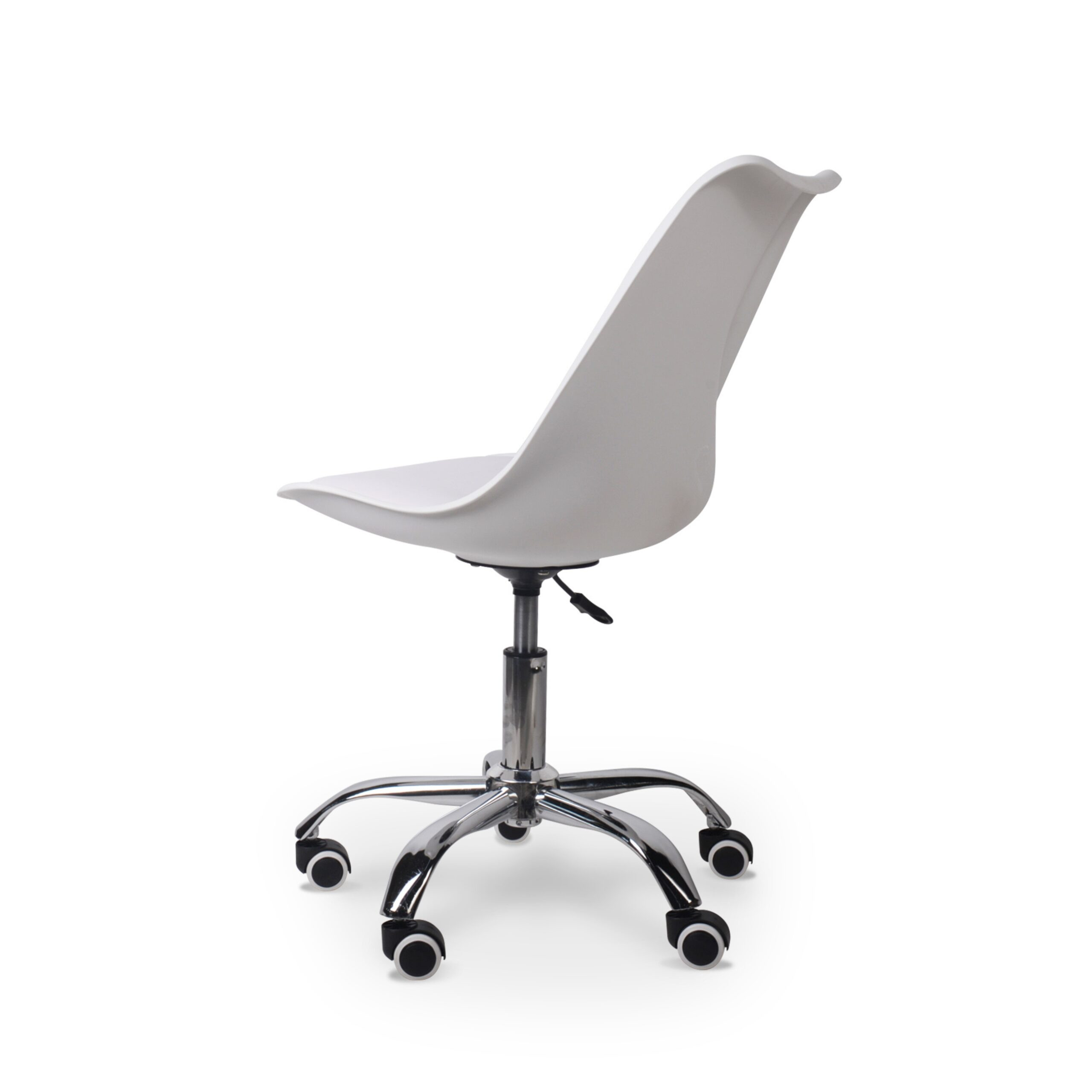 Modern White Typist Office Chair with Ergonomic Design and Sleek Aesthetic, Featuring a White Seat and Backrest, Black Metal Base, and Five Wheels, Presented on a Plain White Background as a Stylish Office Chair.