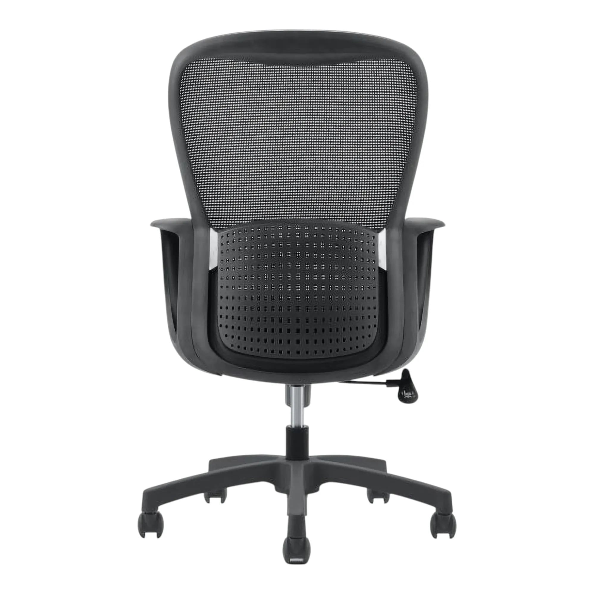 Black Mesh Medium-back Office Chair by 67, Featuring a Breathable Mesh Material and Ergonomic Design, with a Sturdy Base and Adjustable Armrests, Showcasing a Sleek and Modern Medium-back Office Chair.
