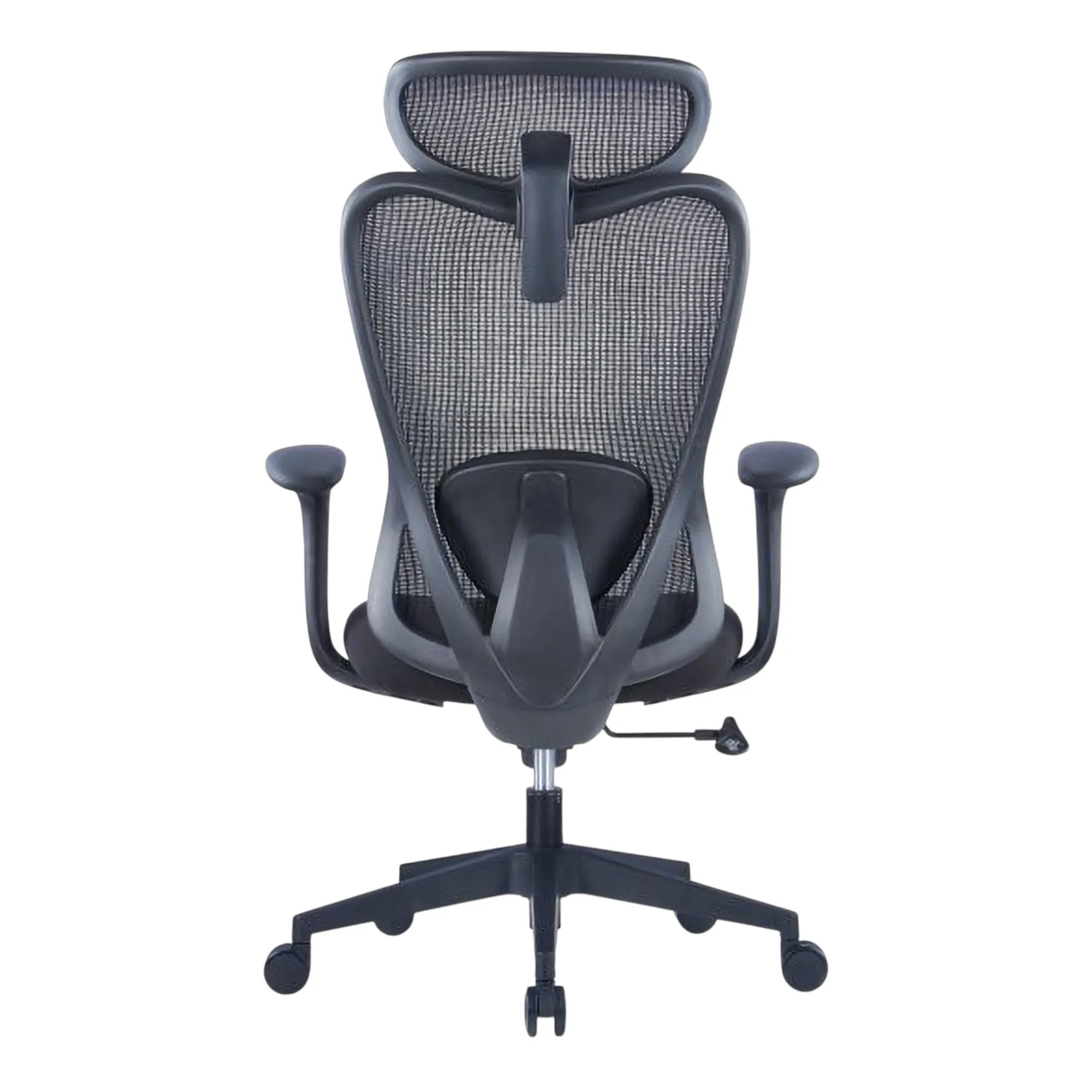 Black Mesh Office Chair with Black Nylon Frame, High-back Design, and Adjustable Features, from Brand 67, Showcasing a Sturdy Base and Armrests, a Nylon Frame Chair Ideal for Ergonomic Seating in a Workspace.