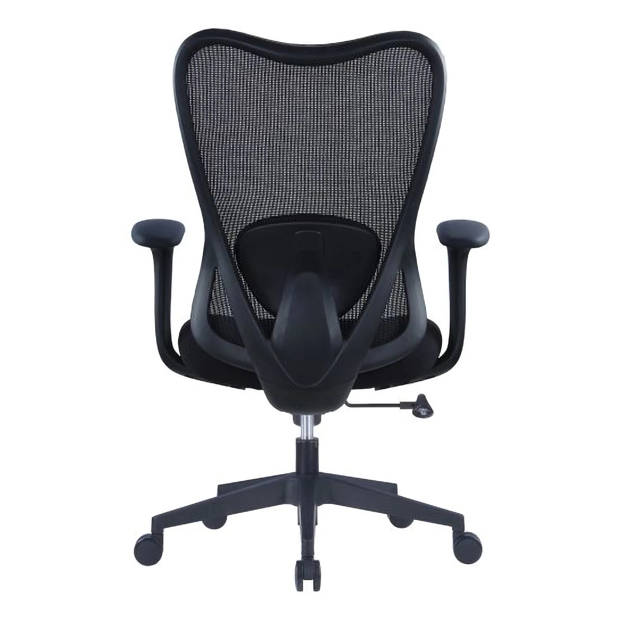 Black Mesh Office Chair with Black Nylon Frame, Medium-back, and Adjustable Lumbar Support, Featuring Wide Padded Armrests, on a Five-Legged Base with Casters, by 67, Showcasing Ergonomic Design and Comfort.