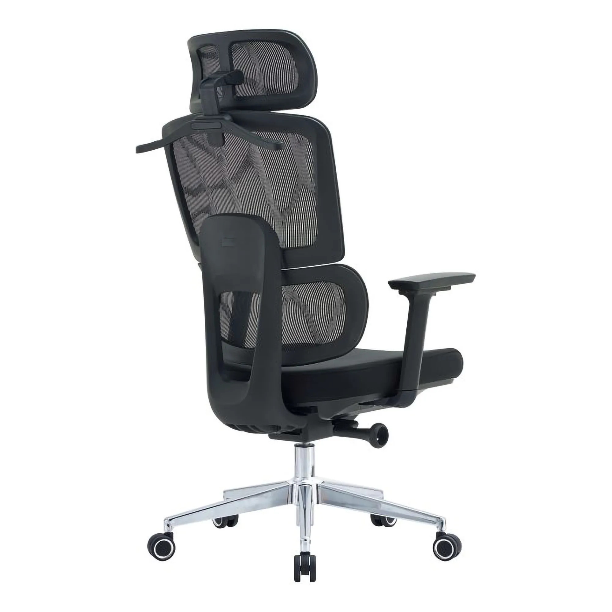 C4026 Office Chair with Black Mesh and Chrome Frame, High-back Design, Adjustable Headrest and Armrests, on Five-Star Silver Base with Black Wheels, Showcasing Ergonomic Features and Sleek Aesthetic.