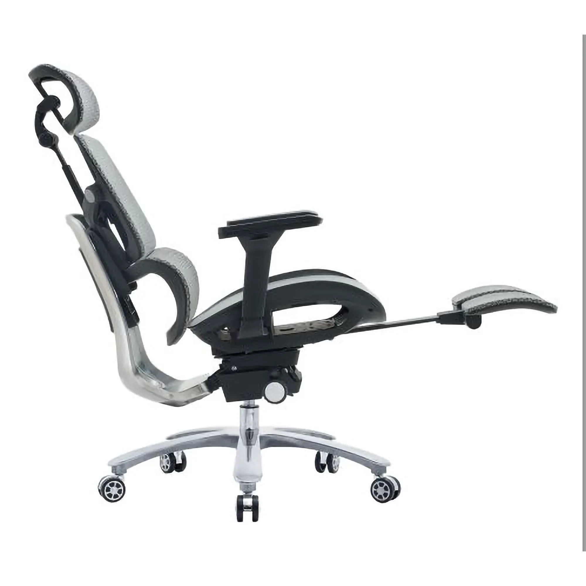 The Black Mesh with Aluminium Frame High-back Office Chair Features a Mesh Back, Adjustable Headrest, 4D Armrests, and an Aluminium Base.
