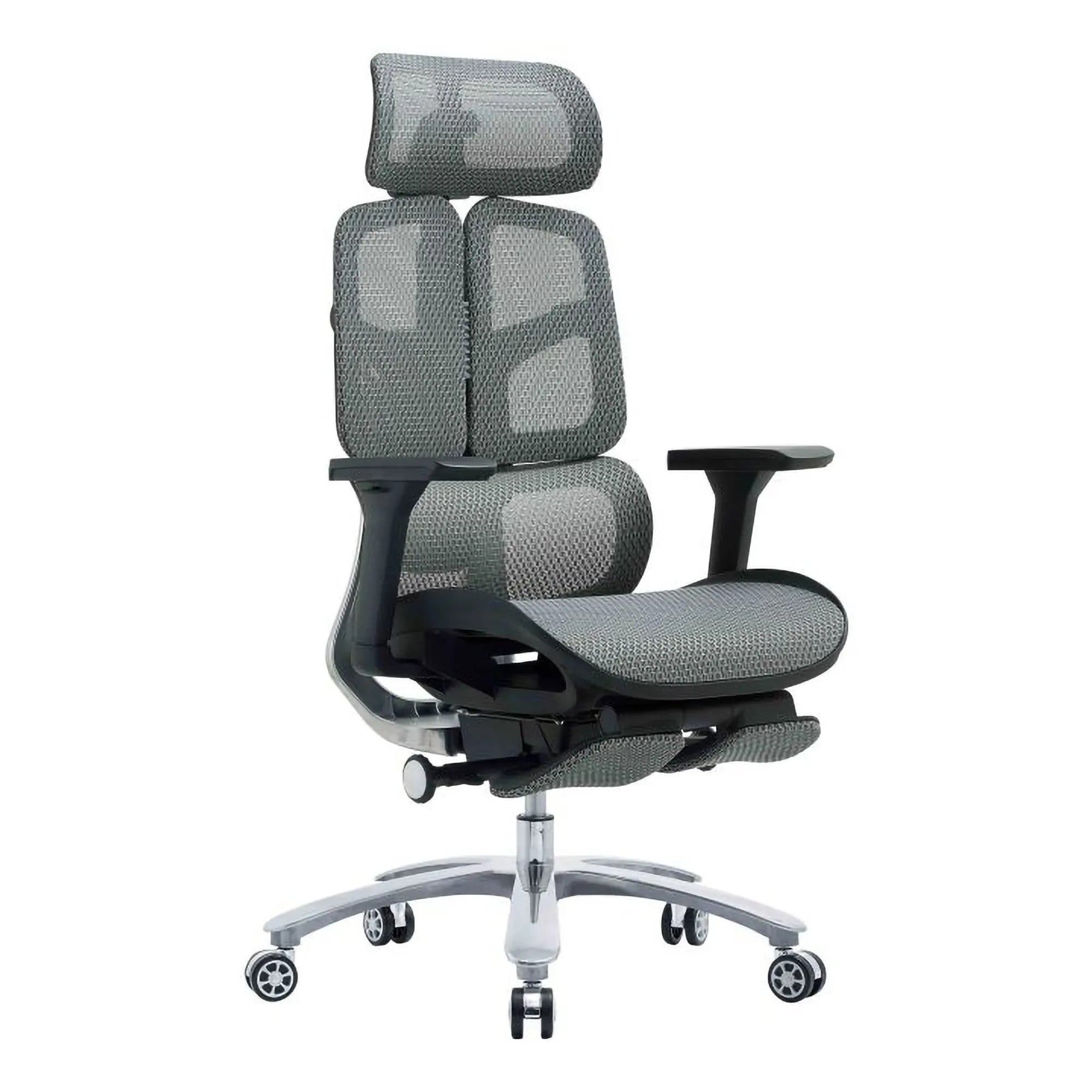 The Black Mesh with Aluminium Frame High-back Office Chair Features a Mesh Back, Adjustable Headrest, 4D Armrests, and an Aluminium Base.